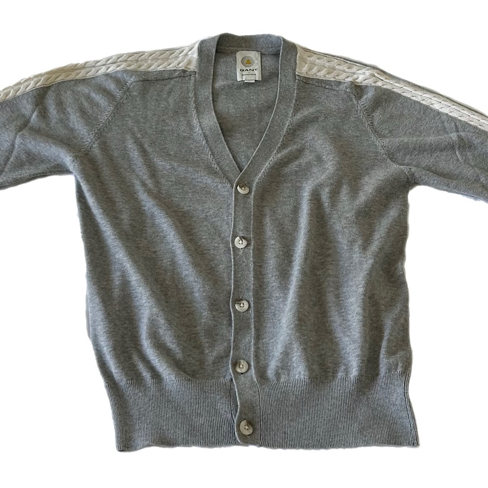 Gant Grey Cardigan Sweater Button Front Cable Knit trim preppy eclectic grandpa